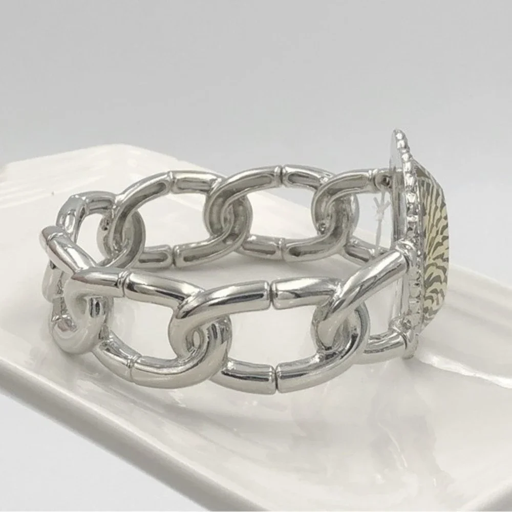 🌼 Zebra Stripe Print Heart Rhinestone Silver Stretch Bracelet